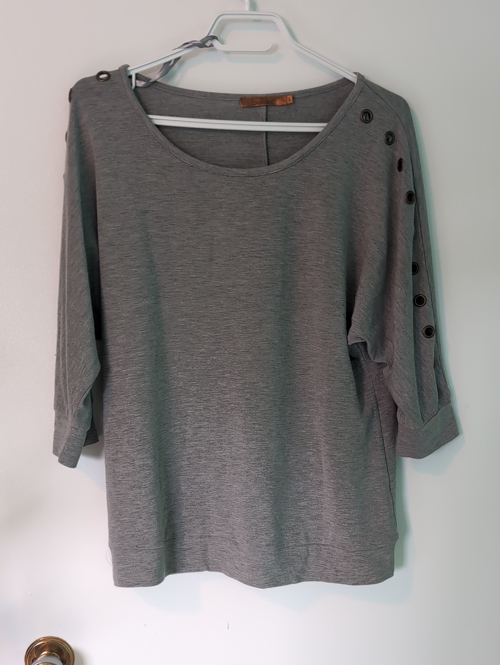 Belldini Gray Circle-Trim Shoulder 3/4 Sleeve Top